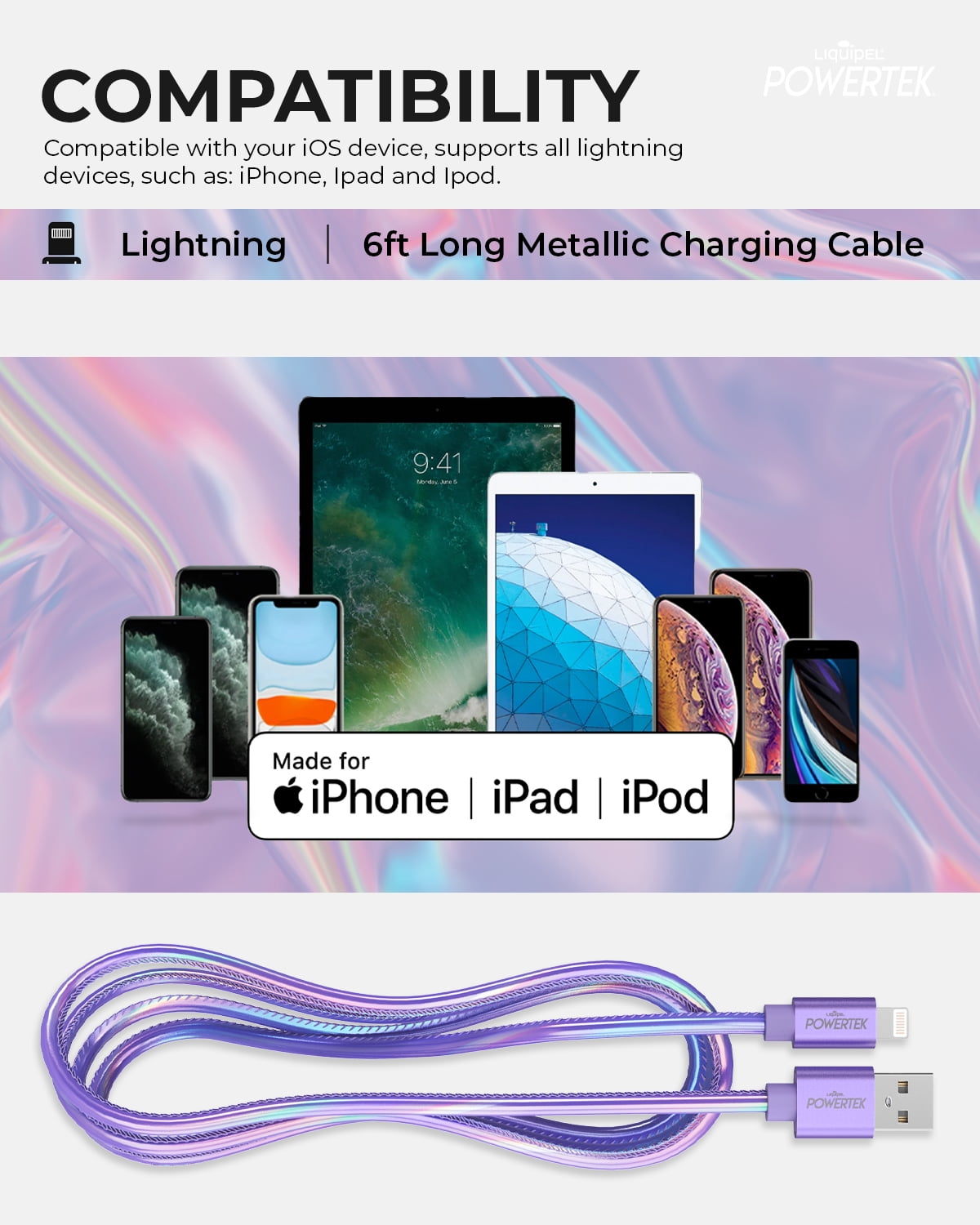 Powertek iPhone Charger Cable Lightning to USB Cord Adapter