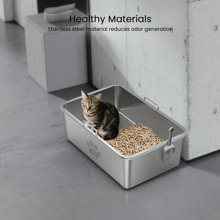 Litter Box Mat Stainless Steel Sifting Litter Box With Lid, XL
