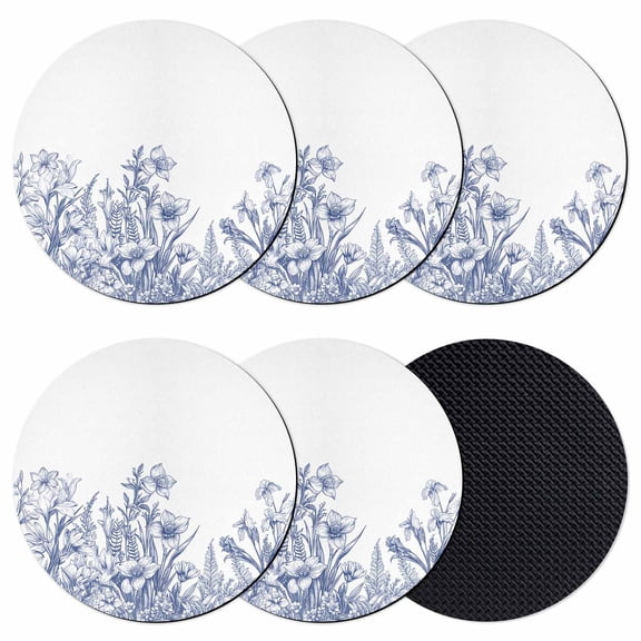 Blue Spring Floral Coasters Set of 6, Watercolor Botanical Summer Vintage Absorbent Coasters for Drinks, Coaster for Bar Office Dining Coffee Table Accessories Decor, Non Slip Round Desk Coaster