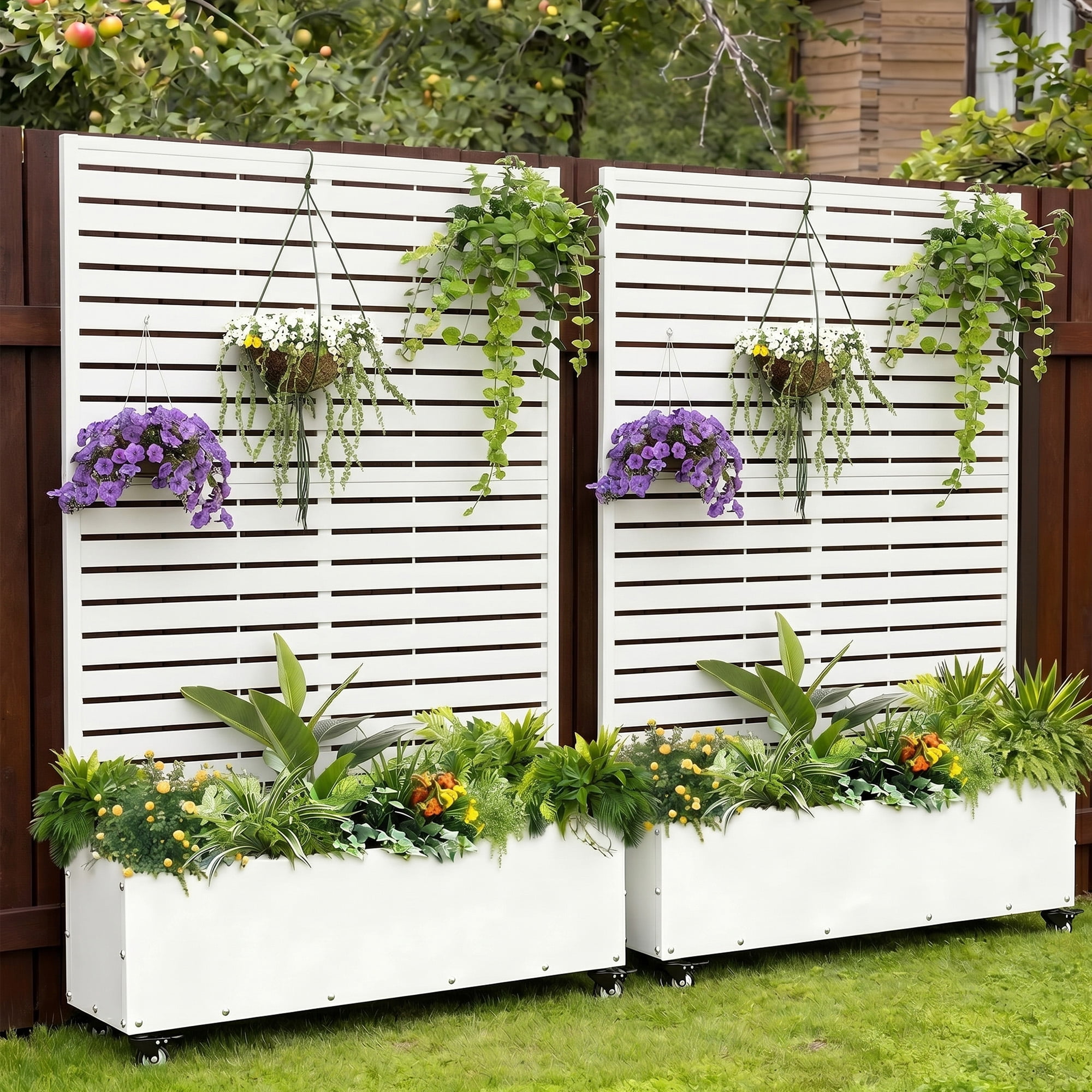 FOOWIN 71" H Metal Planter with Trellis and Wheels  Set of 2, Outdoor Raised Garden Bed for Climbing Plants, Trellis Planter Box with Drainage Hole, White