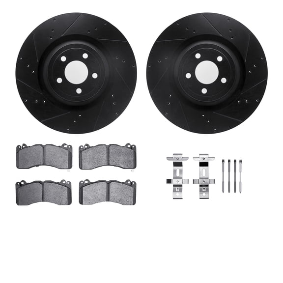 Dynamic Friction Company Front Brake Rotors-Drilled and Slotted-Black with 5000 Advanced Brake Pads includes Hardware 8512-54086