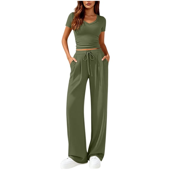 2 Piece Sets for Women Summer Spring Lounge Set Matching V Neck Tops Wide Leg Pants Travel Outfits