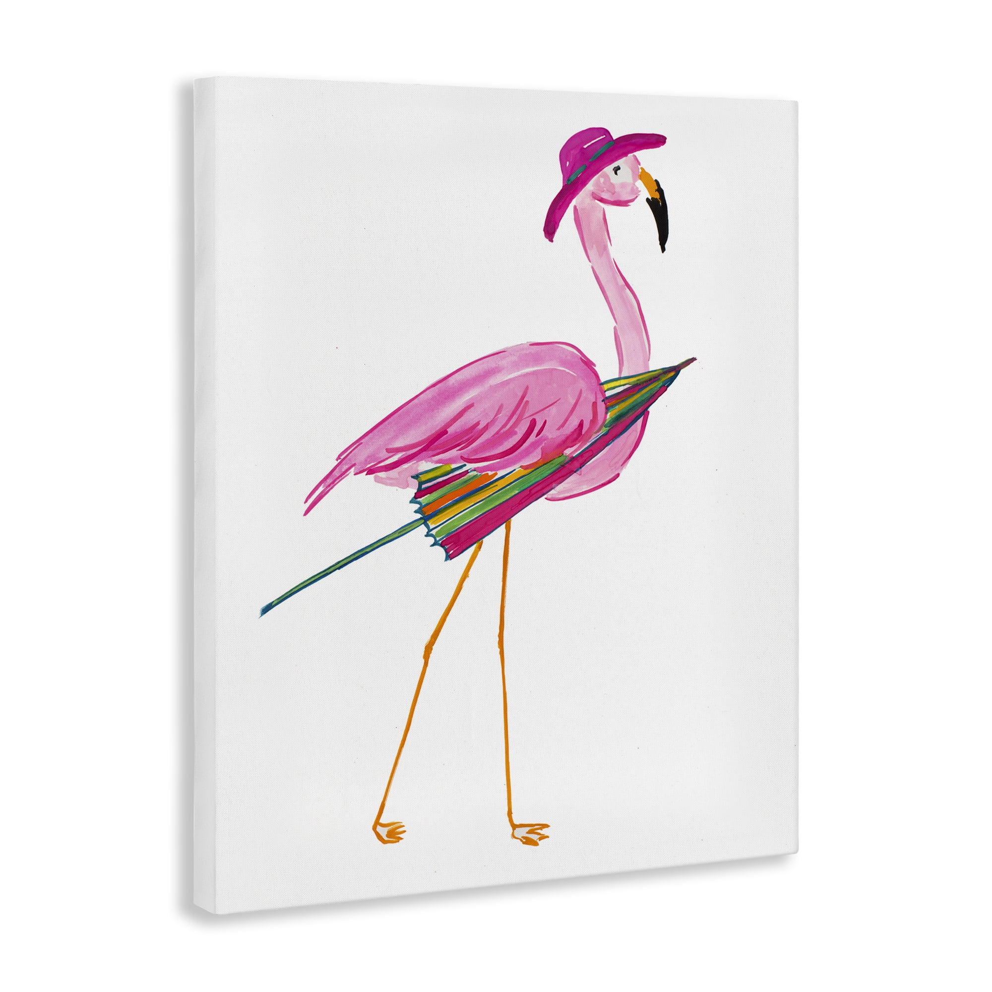 Stupell Industries Flamingo with Beach Umbrella Animals & Insects Painting Gallery Wrapped Canvas Art Print Wall Art, 16 x 20