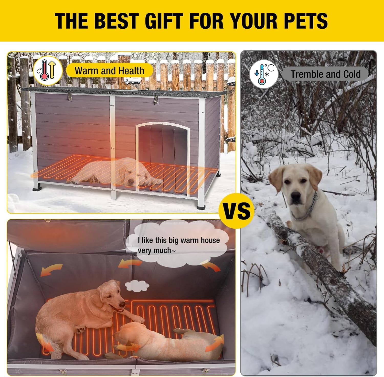 Aivituvin Extra Large Heated Insulated Dog House Wooden Outdoor Dog Kennel for Winter 59"