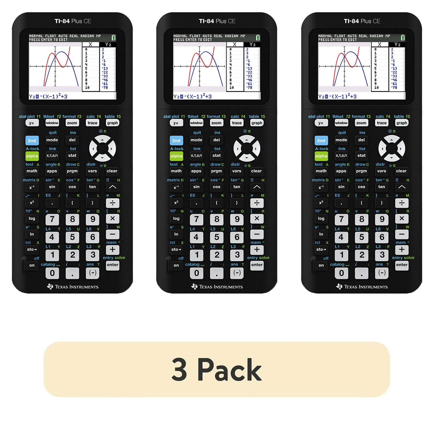 Pre-Owned Texas Instruments TI-84 Plus CE Graphing Calculator, Black, 3-Pack, Rechargeable, High School and College