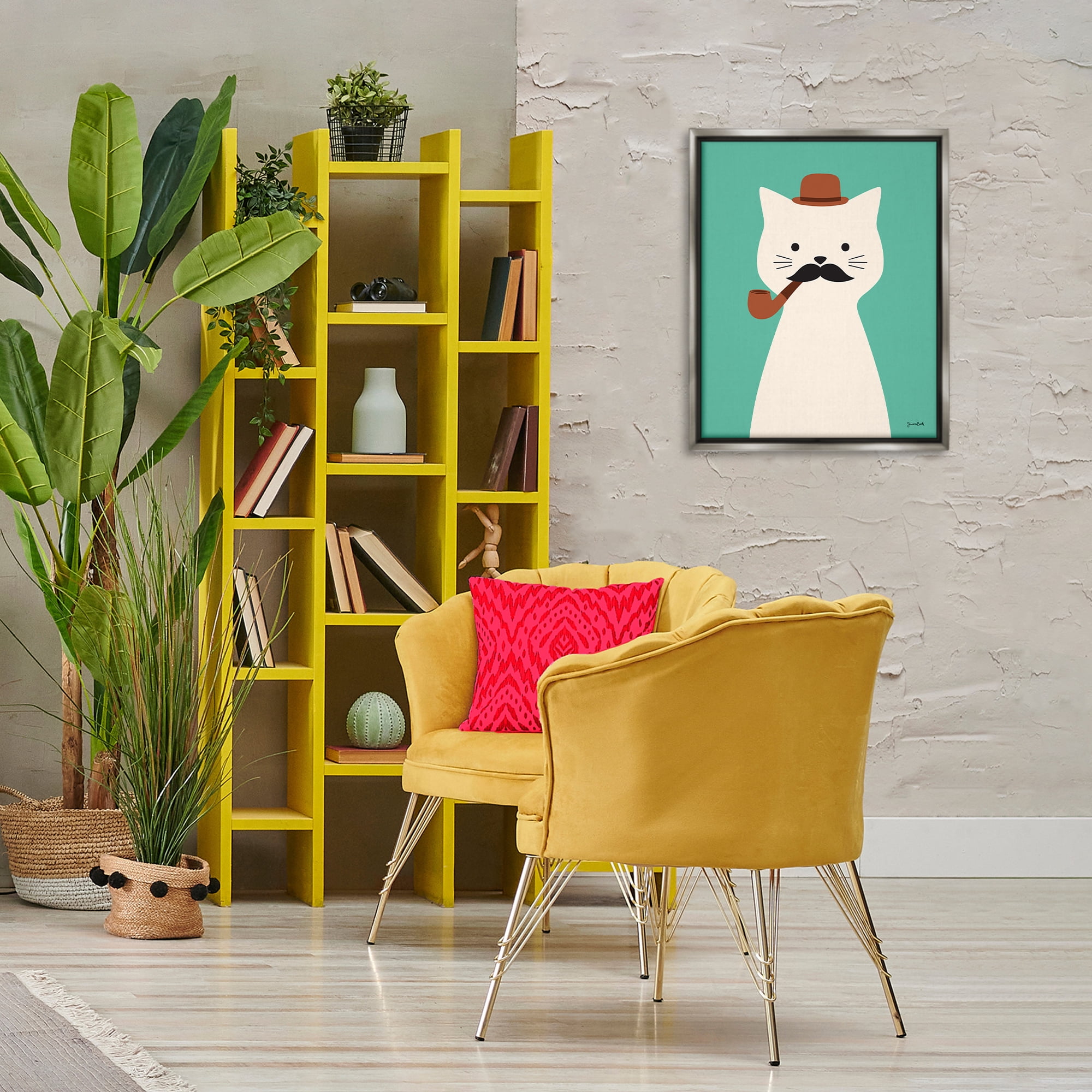 Stupell Industries Cat Smoking Pipe Animals Painting Gray Floater Framed Canvas Art Print Wall Art, 17 x 21