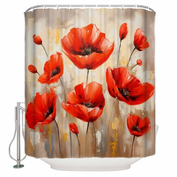 Fabric Shower Curtain, Spring Floral Watercolor Poppy Oil Painting Shower Curtains with 12 Hooks Waterproof Machine Washable Bath Curtains for Bathroom,54 x 78in