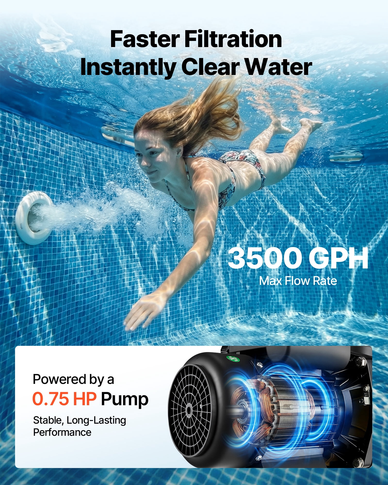 VEVOR 13" Sand Filter Pump for Above Ground Pool, 0.75 HP 3500 GPH Pool Pump with 6-Way Valve, Pre-Assembled Core & Leak-Resistant Connections, High-Efficiency Filtration System