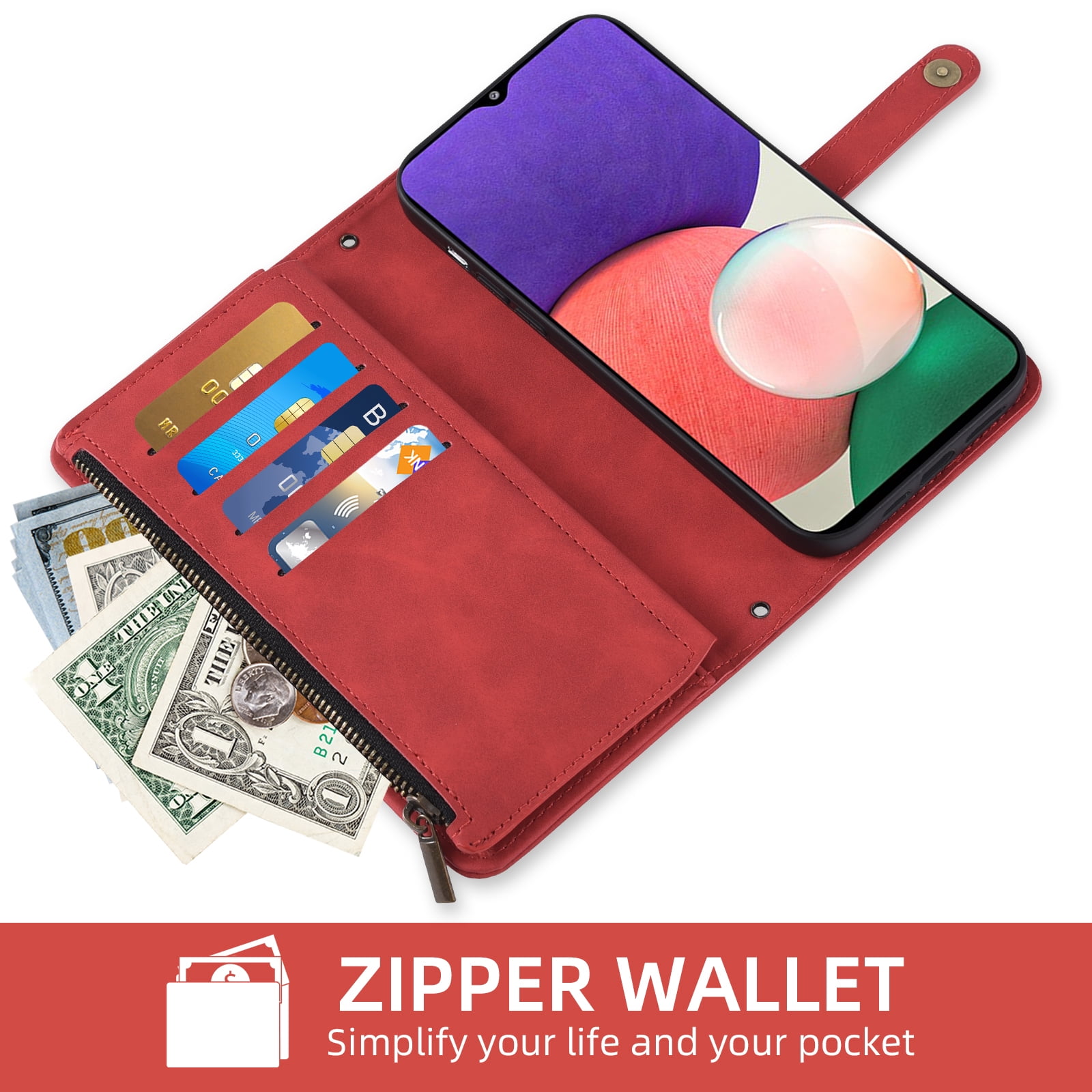 Asuwish Phone Case for Samsung Galaxy A22 5G Wallet Cover With Tempered Glass Screen Protector Crossbody Wrist Strap Flip Pattern Zipper Credit Card Holder Stand Cell A 22 22A A22s G5 Women Men Red