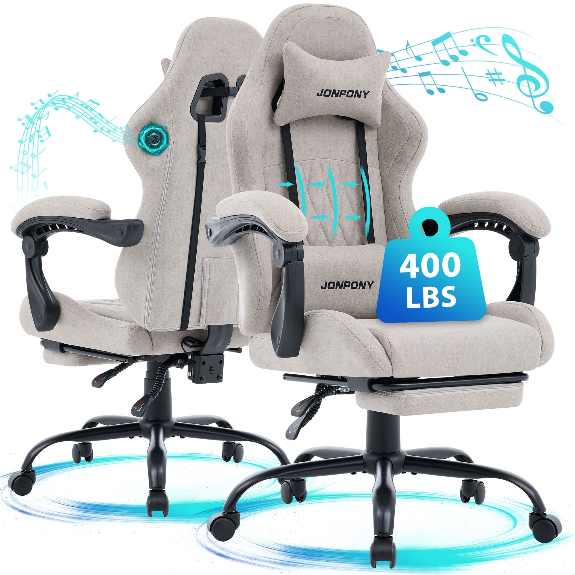 JONPONY Big and Tall Gaming Chair with Bluetooth Speakers, Ergonomic Computer Chair with Footrest and Lumbar Support, Adjustable Height Reclining Seat with Linkage Armrests for Adults,Light Grey