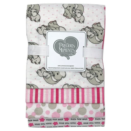 Precious Moments-Precious Moments 4 Piece Baby Receiving BlanketsPink This set of 4 Precious Moments brushed cotton flannel receiving blankets will be a welcomed addition to any nursery  and they have so many uses. The 4 coordinating blankets are made from 100% soft cotton flannel and depict happy elephants  stripes  dots and  love you tons  messages. Choose from pink  blue or gray & yellow hues. Each blanket measures 30 X 30 inches and wraps baby in soft  warm comfort. Easy care machine wash and dry. Pink