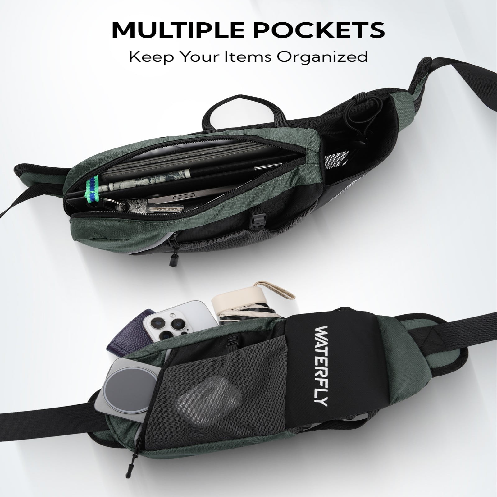WATERFLY Unisex with Bottle Holder Walking Hiking Nylon Fanny Pack Waist Bag,Black Gray