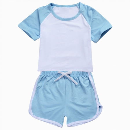 UngA Girls Summer Outfits 2 Piece Clothes Color Block Drop Shoulder Sleeve Top and Casual Short Sets Activewear (Light Blue 11-12 Years)