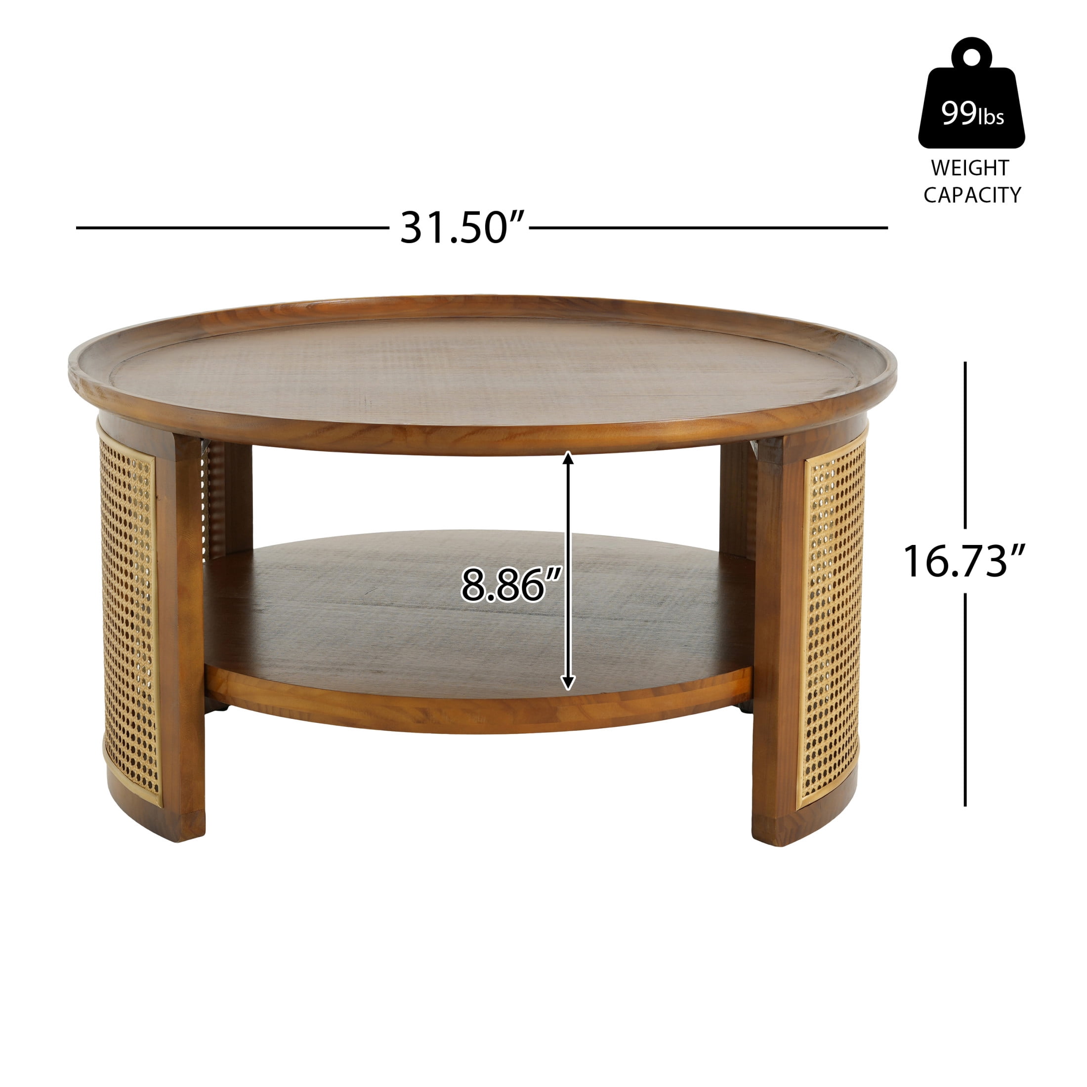 Christopher Knight Home 31.5" Boho Farmhouse Round Coffee Table with Shelf and Rattan Side, Walnut+Gold