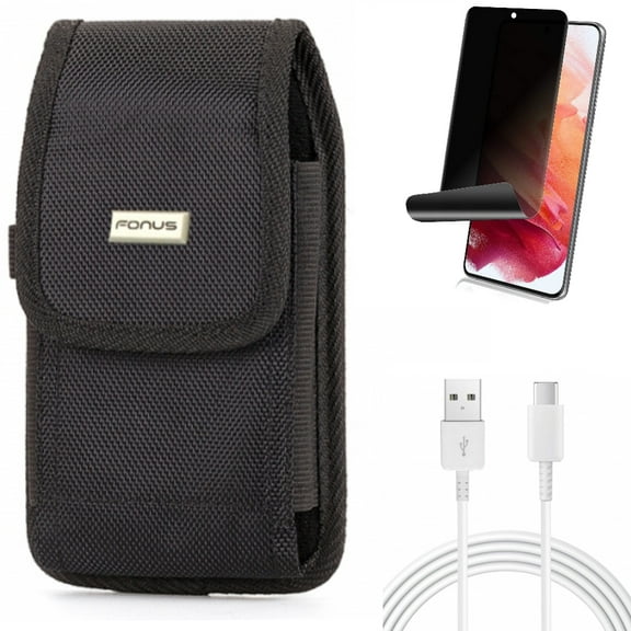 10ft USB-C Cable w Case Belt Clip w Privacy Screen Protector for Samsung Galaxy S21 Plus - Type-C Charger Cord, Swivel Holster, TPU Film Fingerprint Works Accessory Bundle