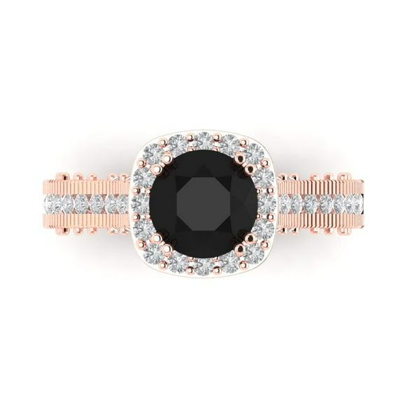 2.7ct Round Cut Black Natural Onyx 14k Pink Rose Gold Engraving Statement Bridal Wedding Halo Designer Ring Size 7.5