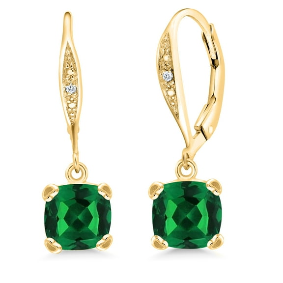 Gem Stone King 18K Yellow Gold Plated Silver Green Nano Emerald and White Diamond Earrings for Women (1.31 Cttw, Gemstone May Birthstone, Cushion 7MM)