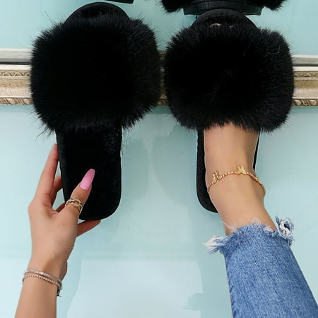 

Wefuesd Slip On Toe Shoes Home Plush Open Furry Women Warm Keep Slippers Flat Home Women S Slipper House Slippers For Women Slippers For Women Indoor Black 41