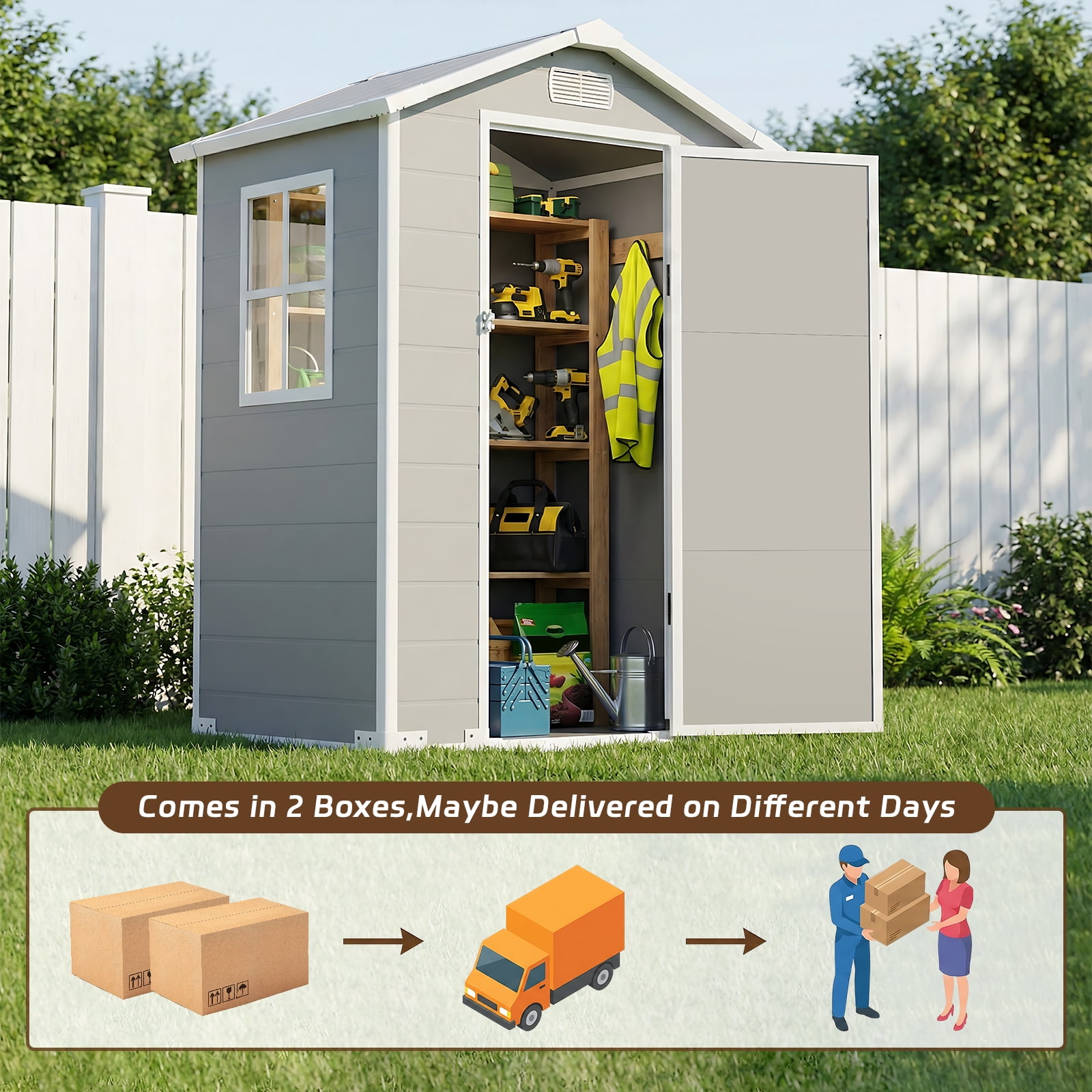 4x3 FT Gray Outdoor Storage Shed - Resin with Sloped Roof, Drainage Holes,Lockable Door,Transport Ramp, Window & Vent for Backyard, Garden, Patio, Lawn Optimized Five Bullet Points