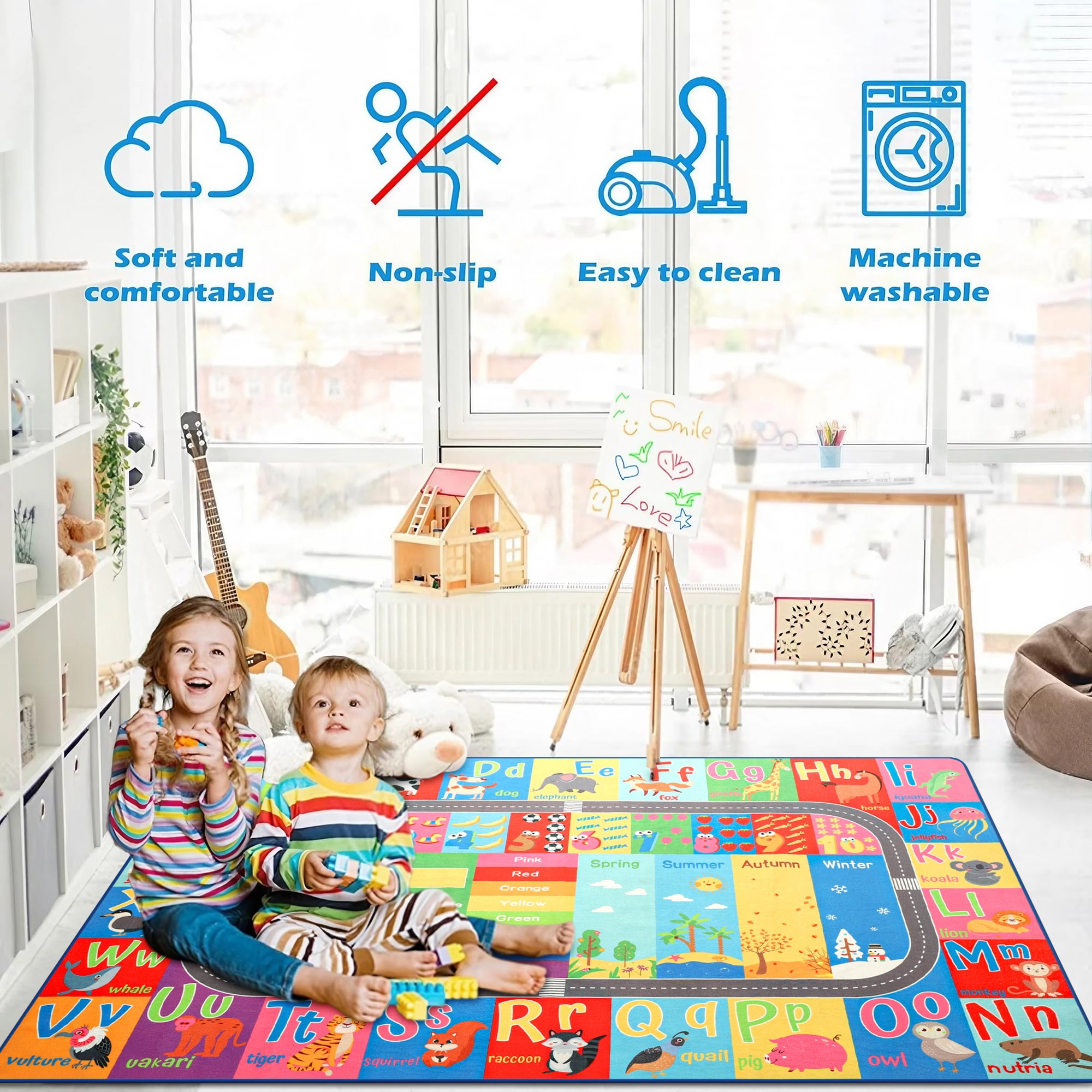 Dwelke Kids Educational Rug, Kids Collection Area Rug for Learning Alphabet, Numbers, Colors, Season and Animal Words, Playmat for Classroom Playroom,3'x5'