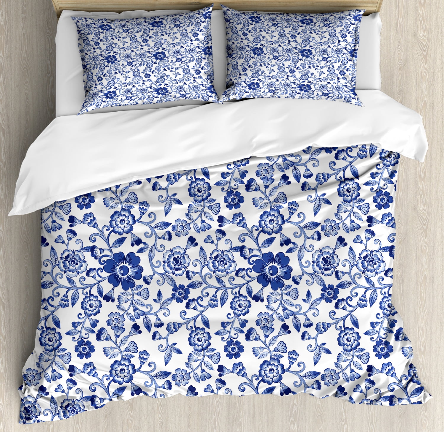 Watercolor Duvet Cover Set Artistic Vibrant Blue Flowers Pattern