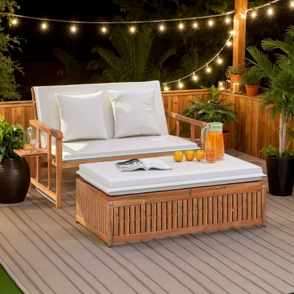 Demifill Outdoor Wooden Daybed, Daybed with 4-Level Backrest and Removable Cushions for Outdoor as Garden, Backyard, Porch, White