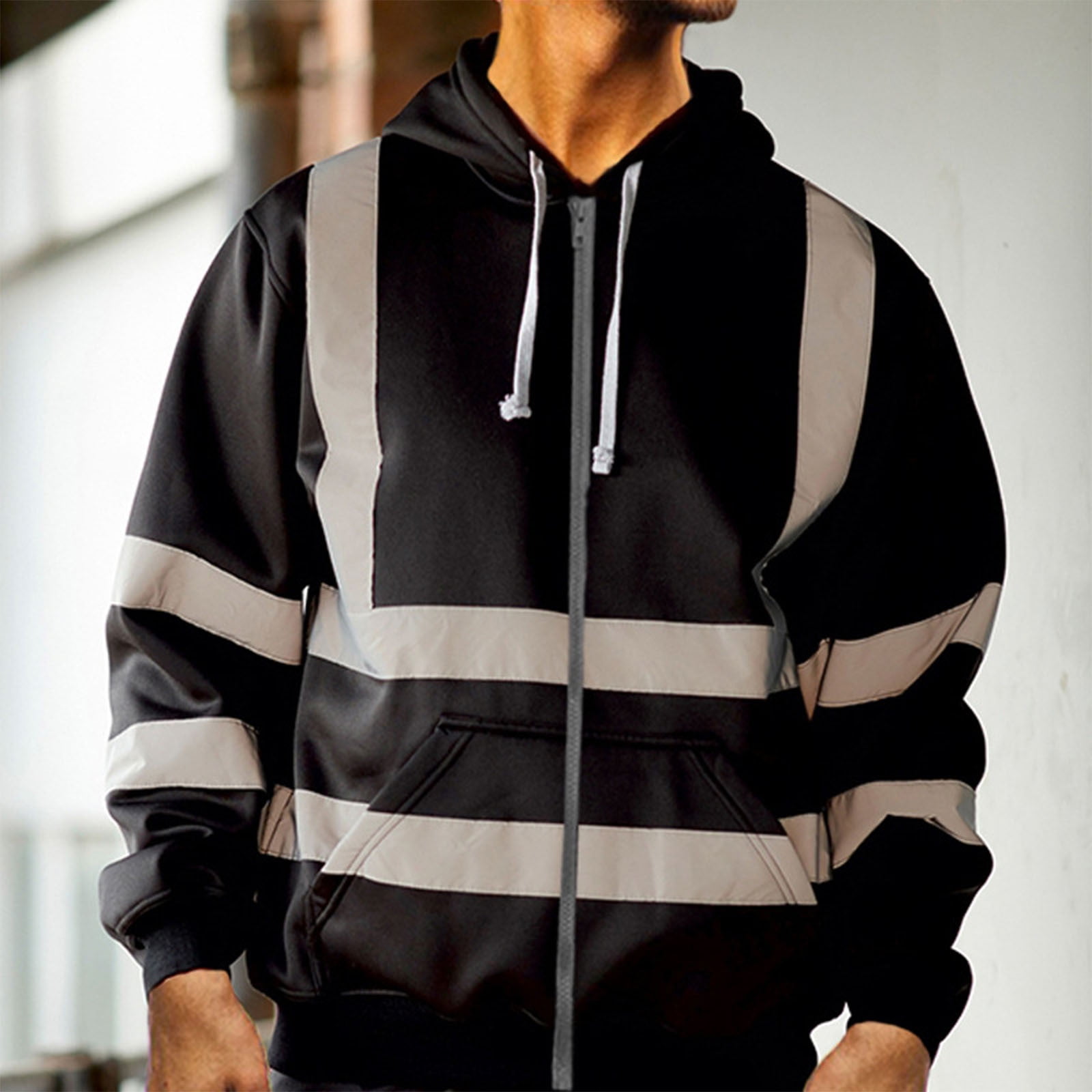 Moxiu Mens Hi Vis Jacket Big and Tall Reflective Visibility Hooded Drawstring Sweatshirts Pullover Full Zip Up Flame Resistant Jackets with Pocket 2025 Black,XXXXL