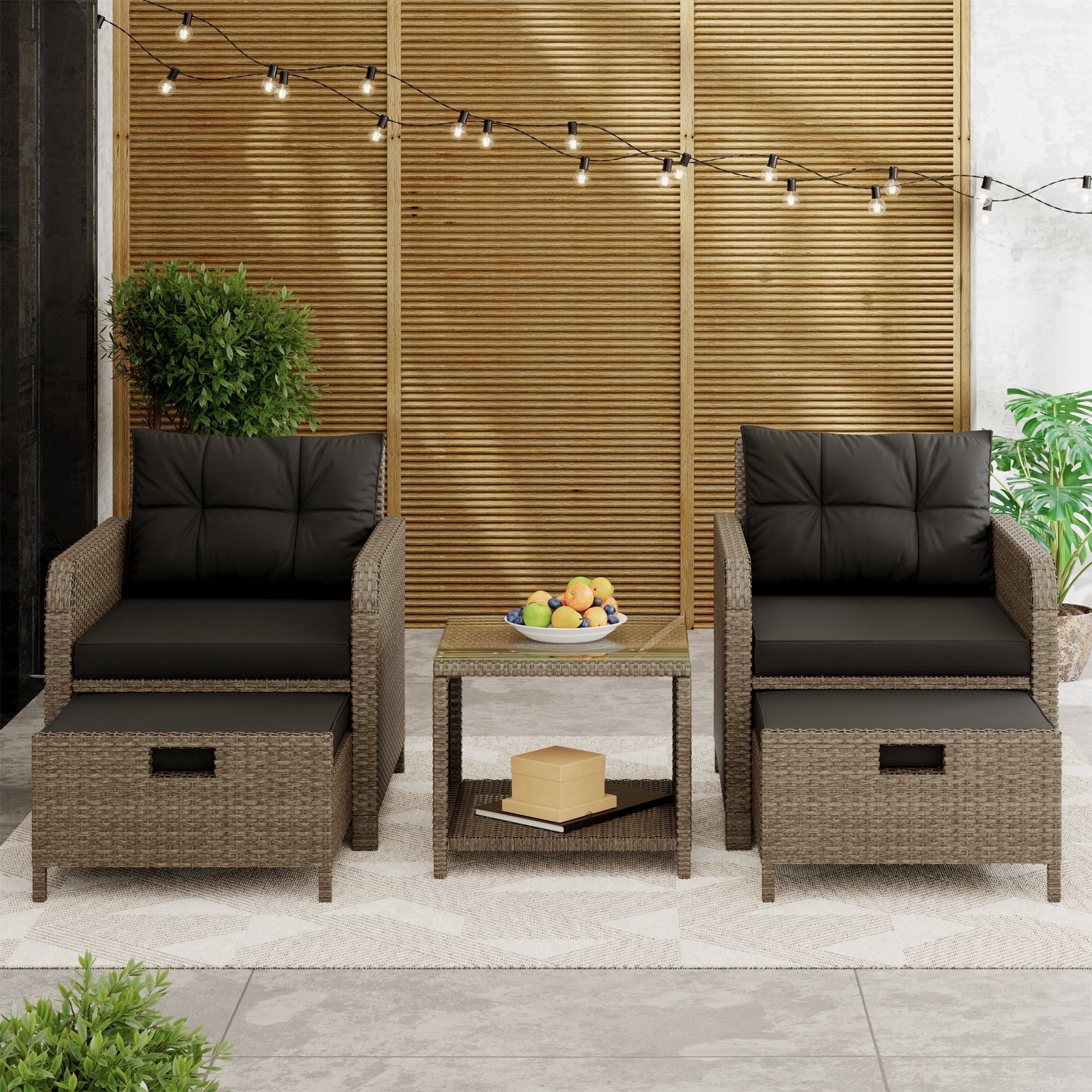 LHBcraft Balcony Furniture 5 Piece Patio Conversation Set, PE Wicker Rattan Outdoor Lounge Chairs with Soft Cushions 2 Ottoman&Glass Table for Porch, Lawn-Yellow Wicker