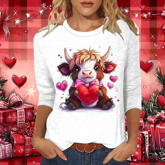 TaTaai Valentine's Day Cow Print Women's Tee, Loose Fit Three Quarter Sleeve Pullover, Cute Casual Top Gift