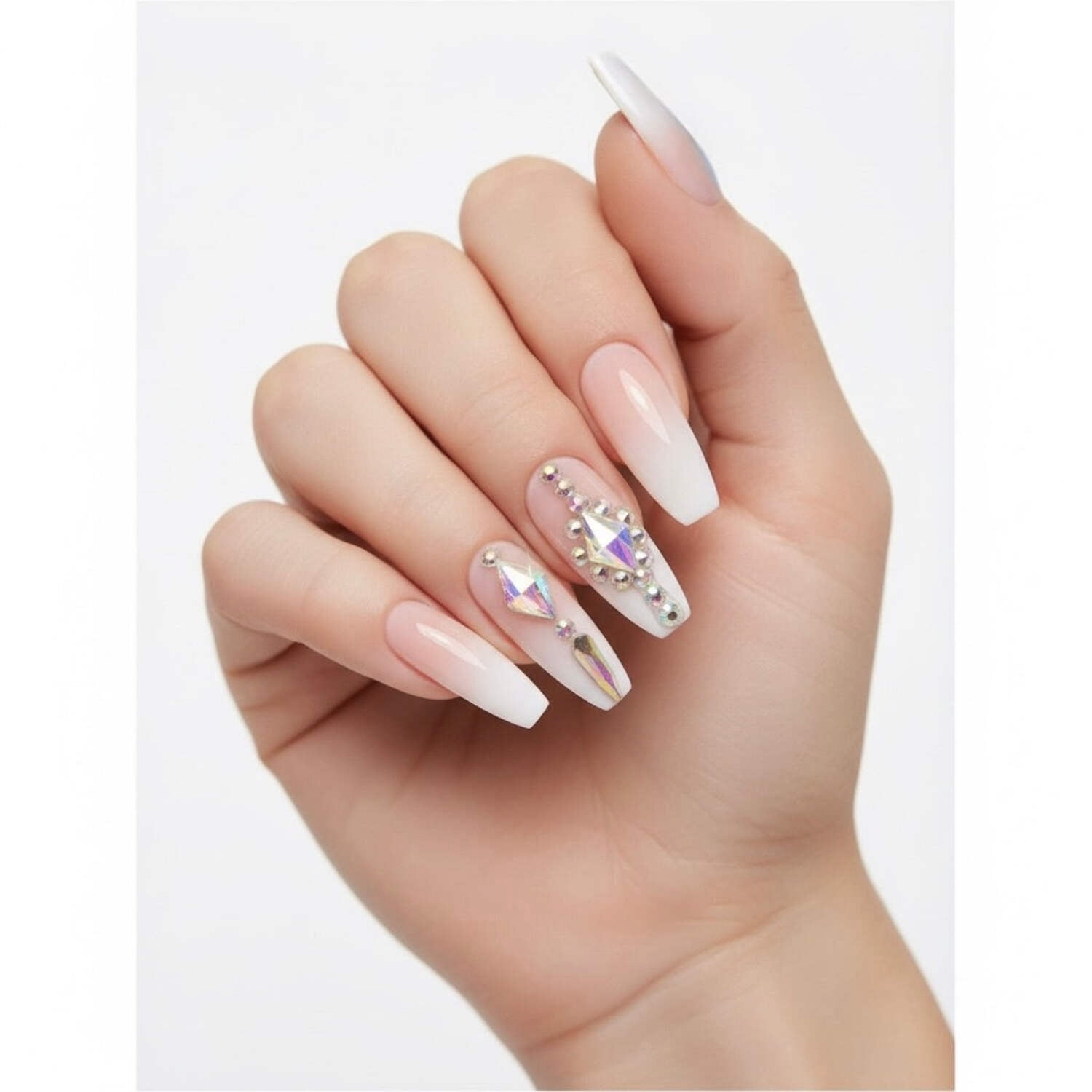 Glitz Gleam, Nude Ombre French 3D Crystal Press On Nails, Extra Long Ballerina Fake Nails Set