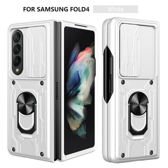 Case for Samsung Galaxy Z Fold4 with Camera Cover & Kickstand, Slide Lens Protection 360°Rotate Ring Hybrid Rugged Bumper Shockproof Case Cover for Samsung Z Fold 4 5G 7.6" 2022, White