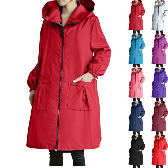 ZyeKqe Womens Long Raincoat with Pockets Zip up Windbreaker Oversized Hooded Rain Trench Coats Lightweight Waterproof Coats