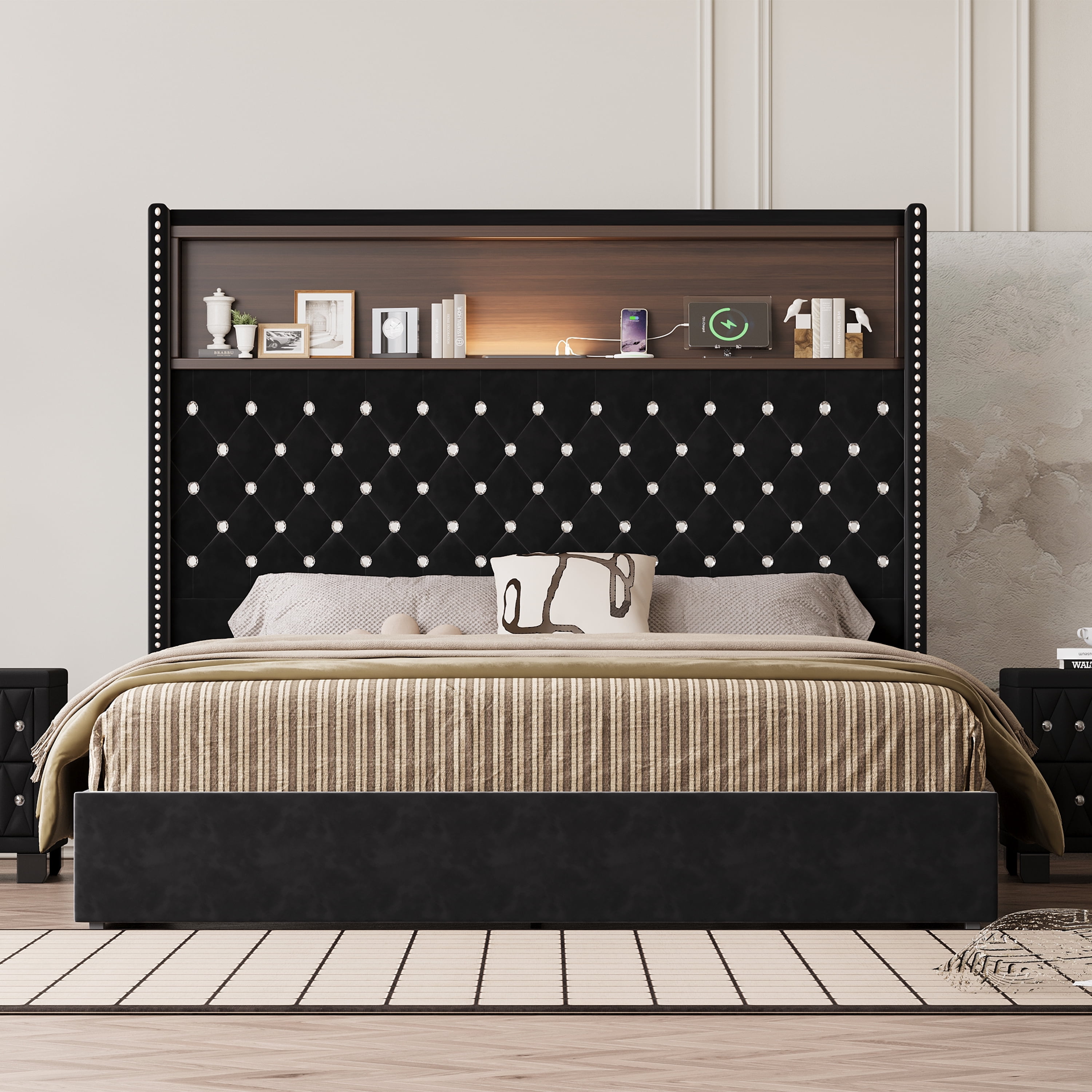 Euroco Upholstered Full Size Tuft Platform Bed with USB Ports and Night Light, Wing Back Headboard with Storage, Black