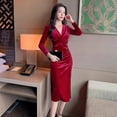 thumbnail image 6 of Aosijia Womens Split Bodycon Dress Sexy Wrap V Neck Long Sleeve Ruched Cocktail Party A-line Dress Red M, 6 of 11
