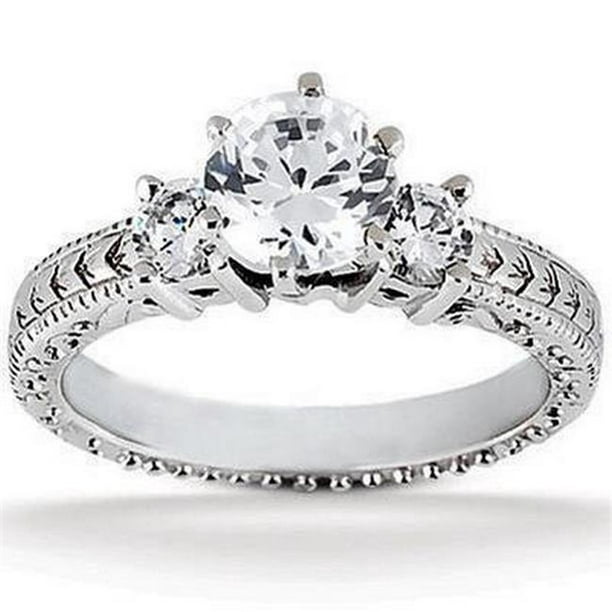 Three Stone 3.20 CT Diamonds Antique Style Ring, 14K White