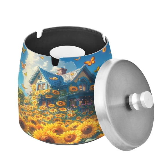 Ashtray with Lid for Cigarette, Stainless Steel Smokeless Odorless Windproof Ashtrays, for Home Office Tabletop Outside Patio Outdoor Balcony A Sunflowers