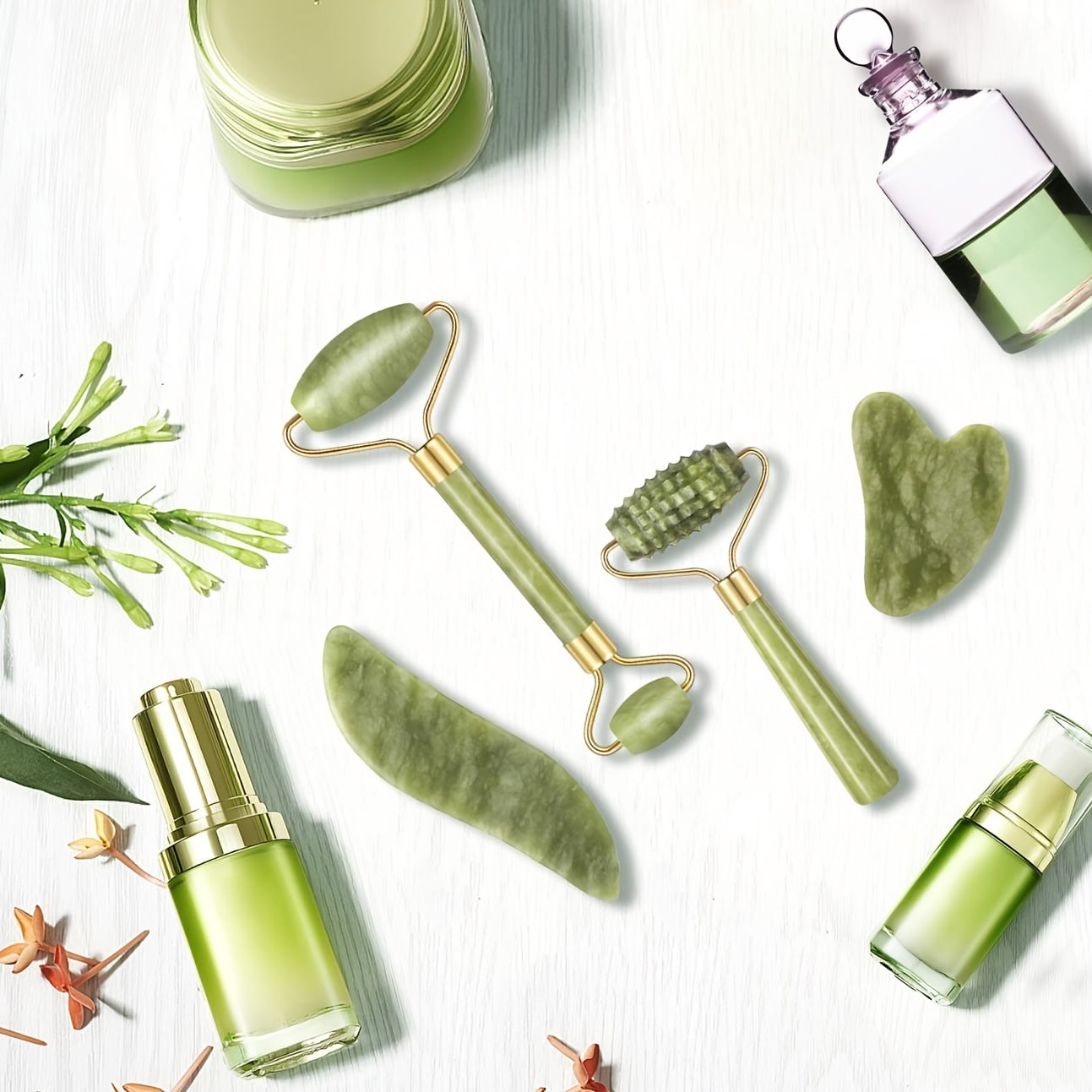4pcs Jade Roller & Gua Sha Set, Facial Roller Massager With Gua Sha Scraping Tool, Jade Stone Massager For Reducing The Look Of Aging, Reducing Puffiness & Firming, Rejuvenate Face And Neck,