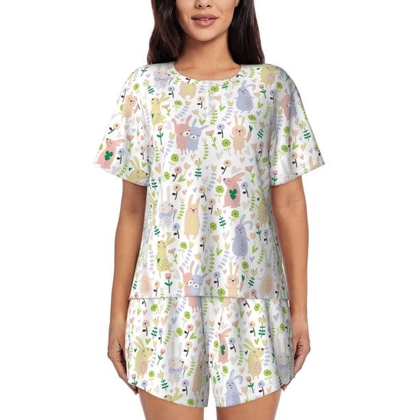 Fotbe Flower Rabbit Conjunto de Pijama Estampado para Mujer, 2 Piezas, Ropa de Dormir con Camiseta de Manga Corta y Shorts Suaves-Large