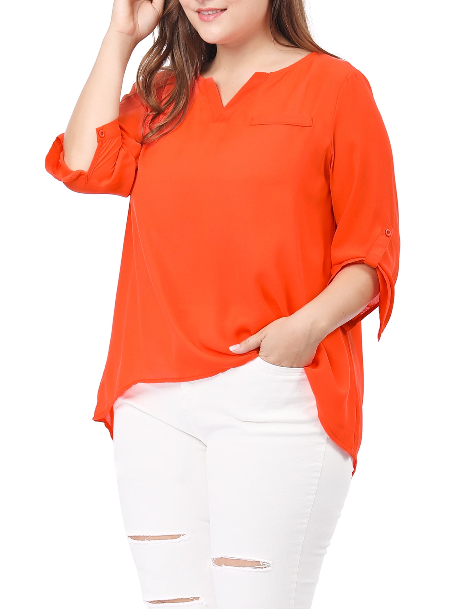 Unique Bargains Women's Plus Size V Neck High Elbow Sleeves Blouse 1X Orange