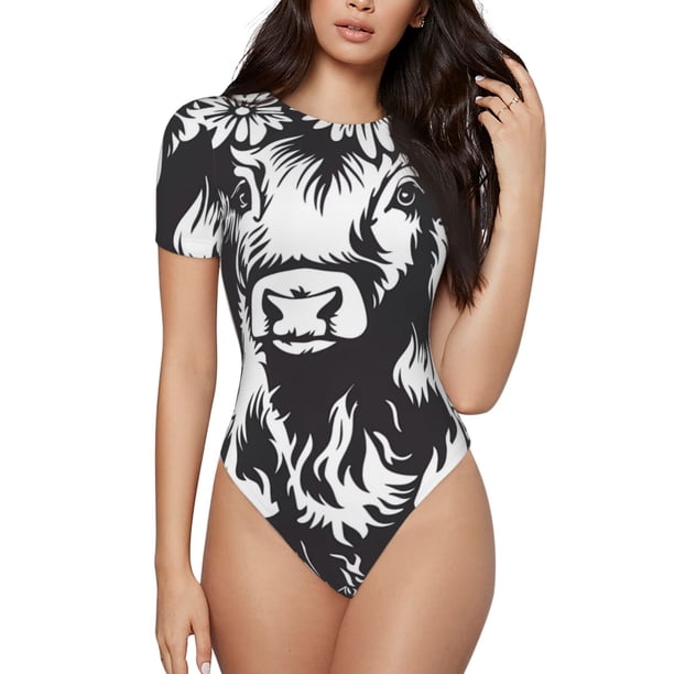 Fotbe Floral Cow Silhouette Body de Mujer con Cuello Redondo y Mangas Cortas, Sin Mangas Ajustado, Suave, Cómodo y Básico-Small