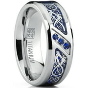 Men's Titanium Wedding Ring Band with Dragon Design Over Blue Carbon Fiber Inlay and Blue Cubic Zirconia SZ 8