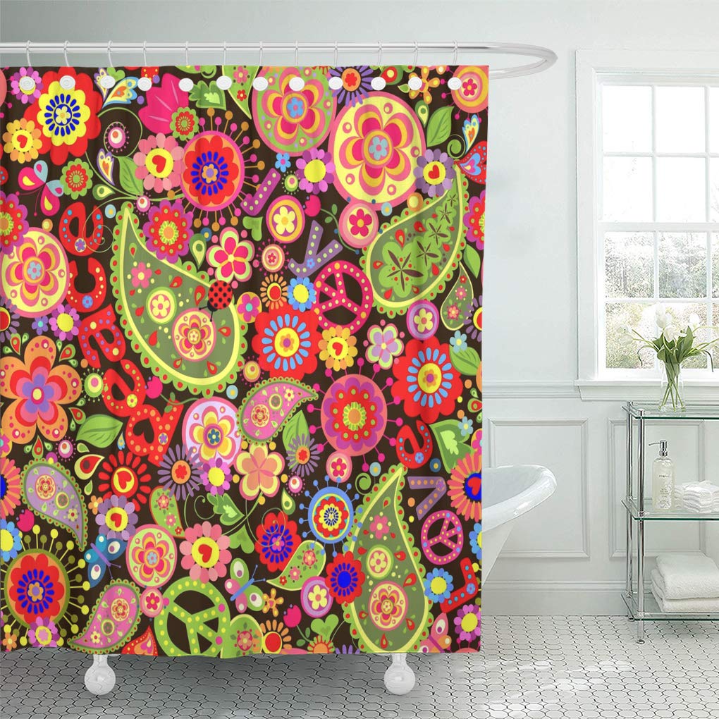 CYNLON Hippy Hippie Colorful Flower Pattern Power Paisley 1970S Sixties Bathroom Decor Bath