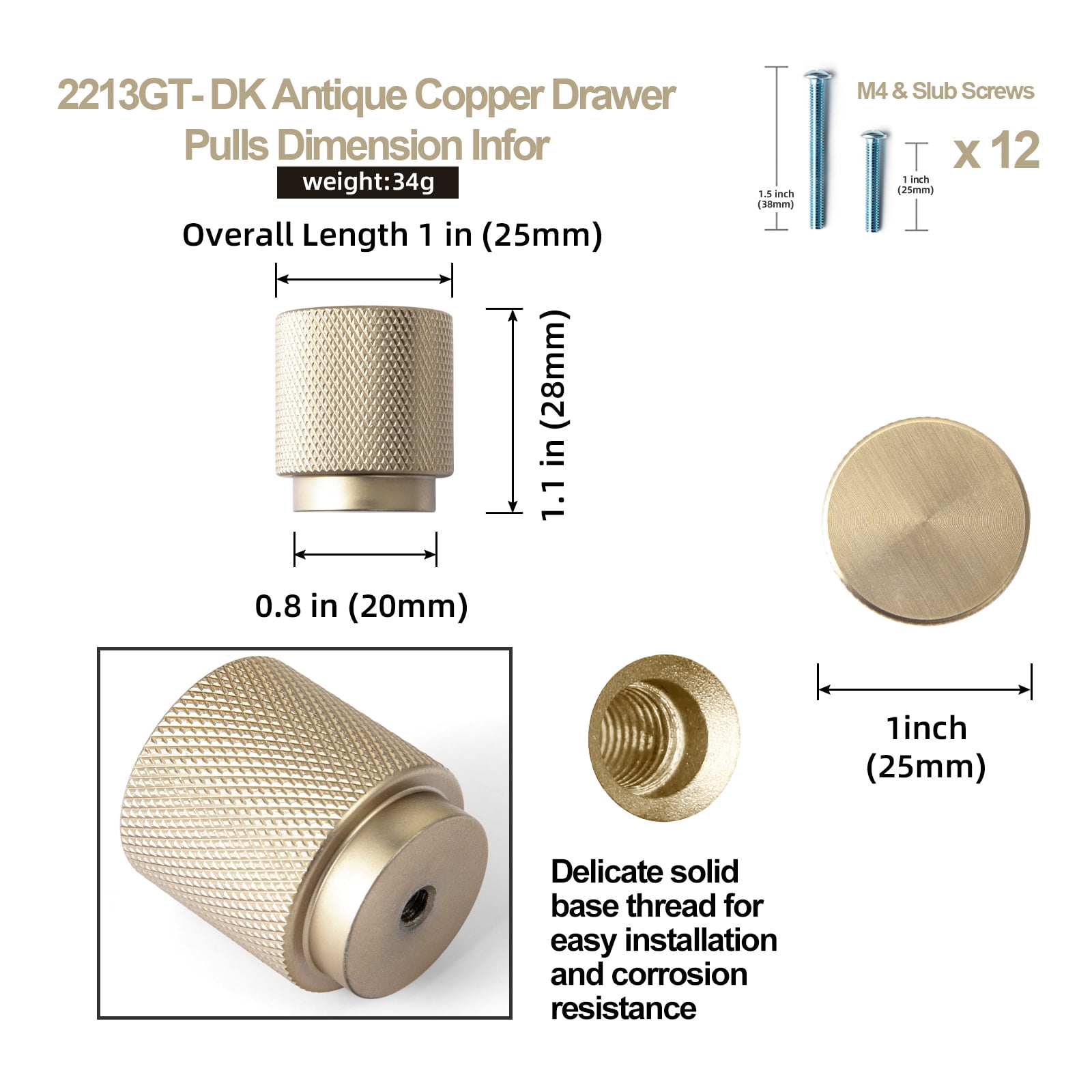 Goo-Ki 12 Pack Knurled Champagne Bronze Cabinet Knobs, Vintage Bronze Drawer Knobs, Solid Retro Brass Single Hole Cabinet Handles for Closet Wardrobe Dresser Cupboard