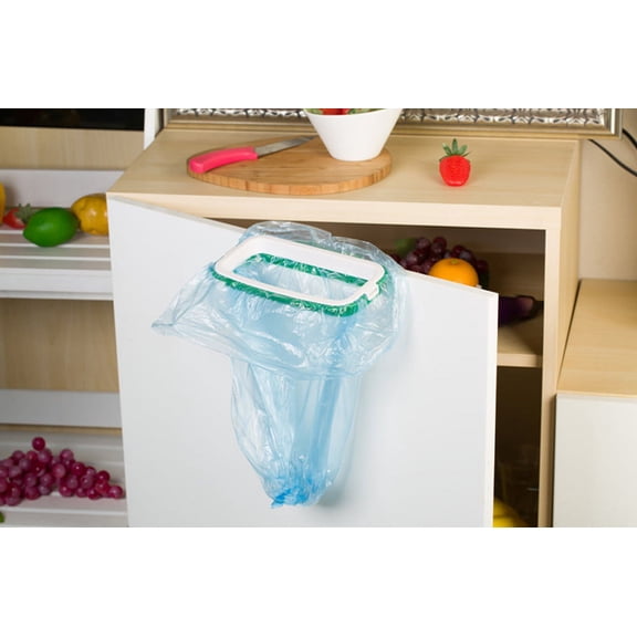 Over the Cabinet Door Kitchen Hanging Trash Bag Holder, Portable Garbage Bag Storage Rack and Waste Bin Support for Pantry and Bathroom B#083 Green