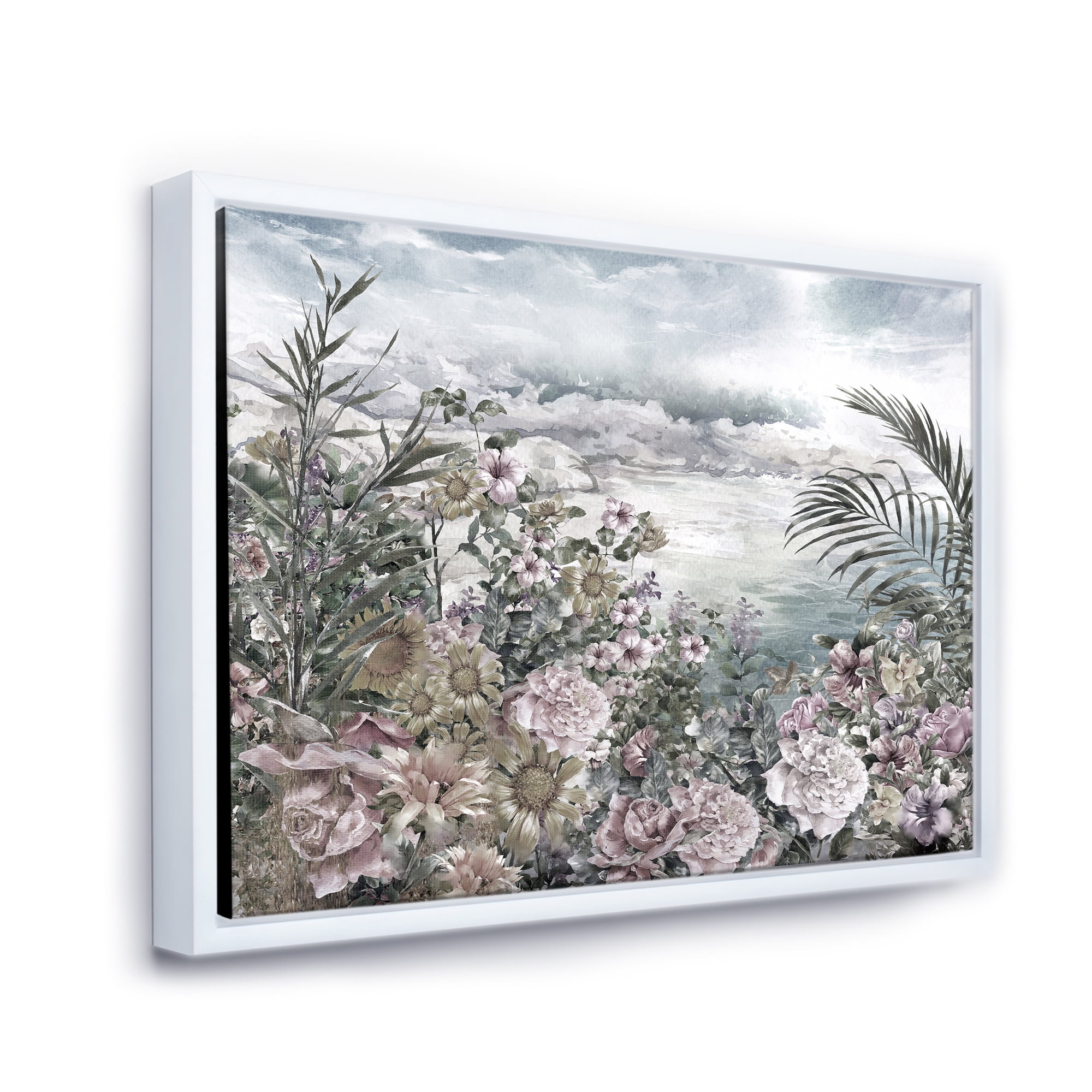 Designart 'Abstract Retro Flowers By The Sea Side' Vintage Framed Canvas Wall Art Print