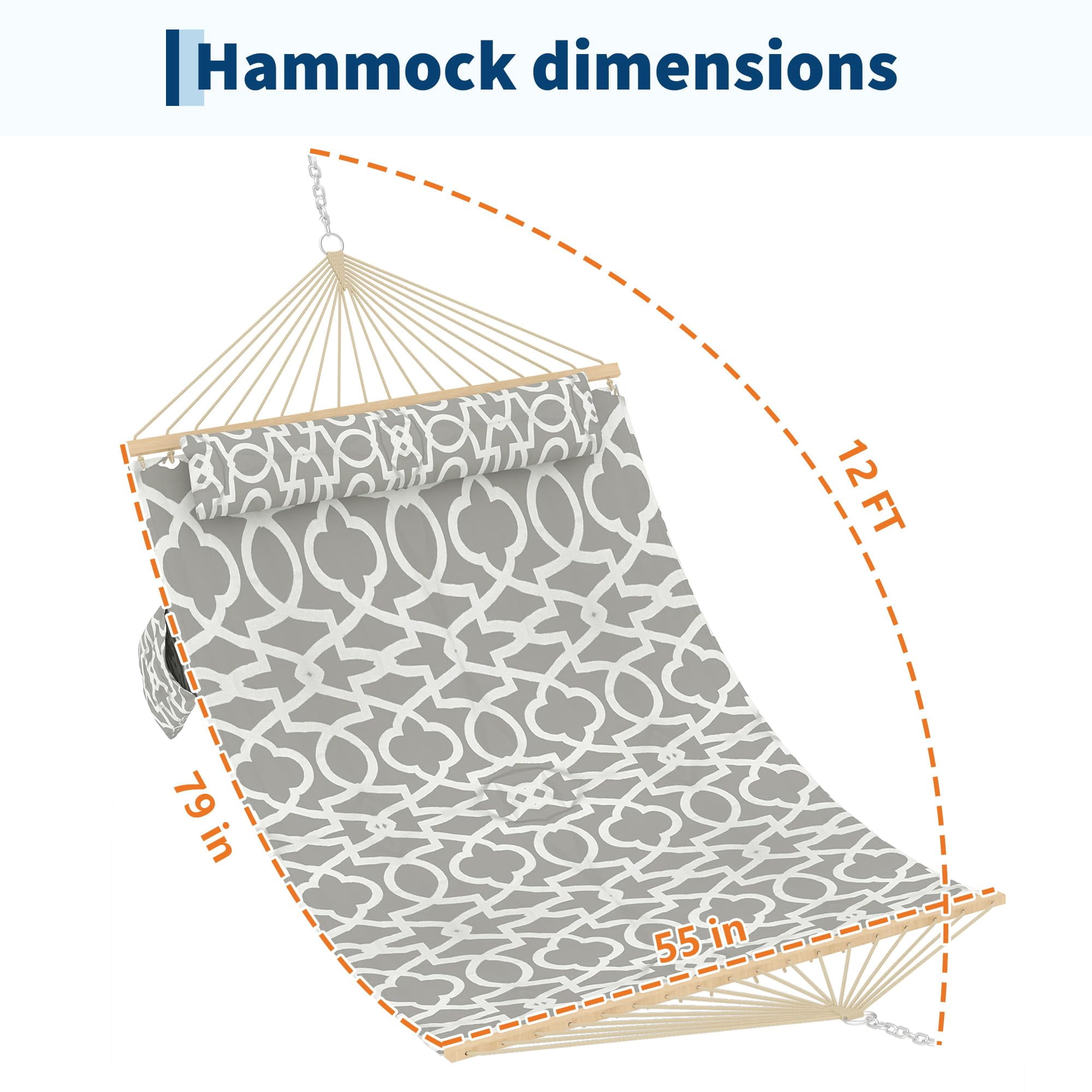 Large Quilted Fabric Hammock for 2 Person, Heavy Duty Hammock with Hardwood Spreader Bars, Detachable Pillow, Support up to 450 LBS, Weather-Resistant, for Patio, Backyard, Pool, Light Gray