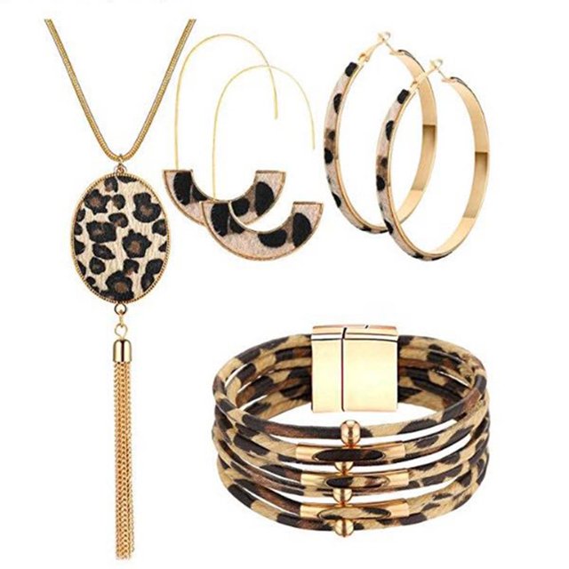 Ladies Statement Jewelry Set Leopard Leather Bracelet Teardrop Long Tassel Pendant Necklace Earrings Gift