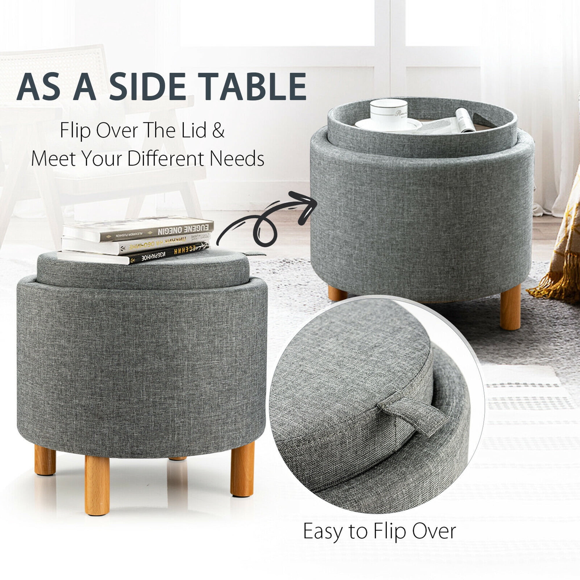 Gymax Accent Padded Footrest w/Tray Top Round Storage Ottoman w/Wood Legs Grey