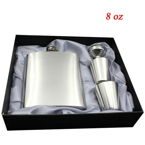 PreAsion 8oz Stainless Steel Hip Flask Liquor Whisky Flagon Set with 1 Funnel and 2 Cups Leather Gift Wrap Box
