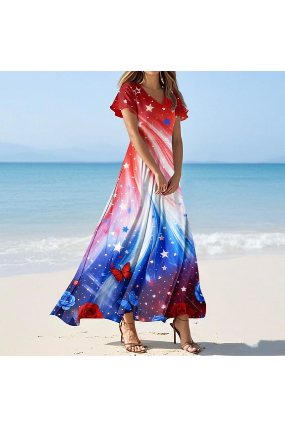 Summer Dresses for Women 2026 American Flag Print 4Th of July Dress Elegant Short Sleeve Flowy Beach Boho Dress